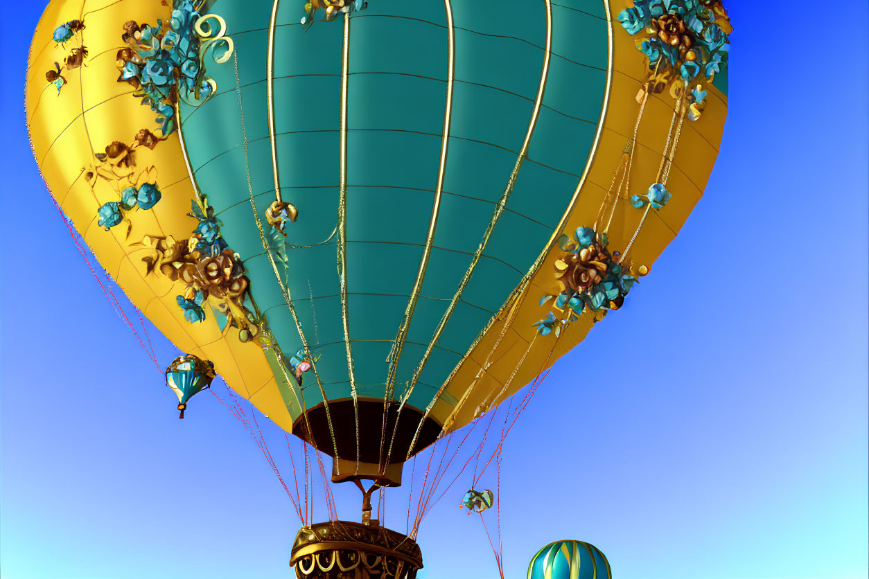 Vibrant hot air balloon with intricate designs in blue sky