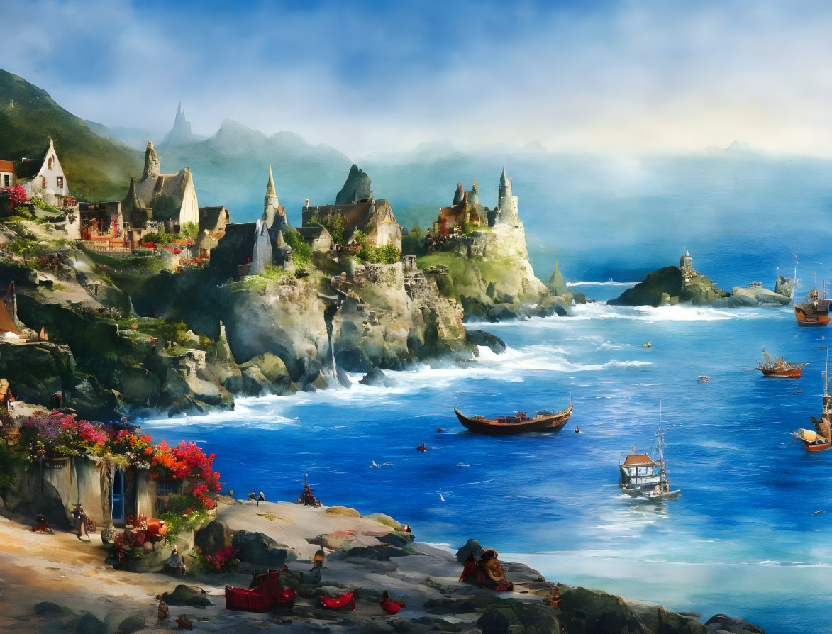 Scenic Coastal Village with Cliffside Houses and Mountain Backdrop