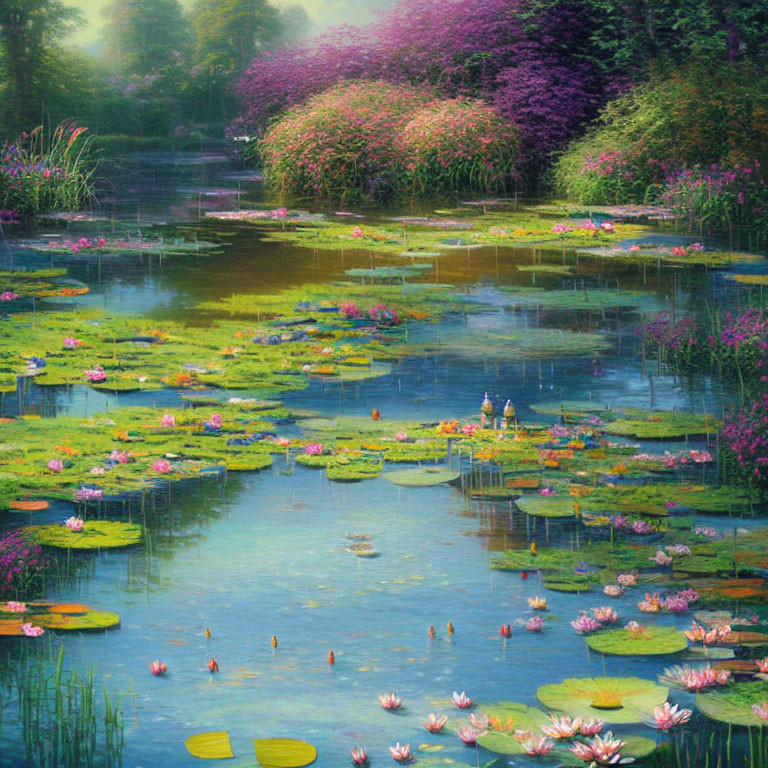 Tranquil pond with water lilies and lotus flowers in lush greenery