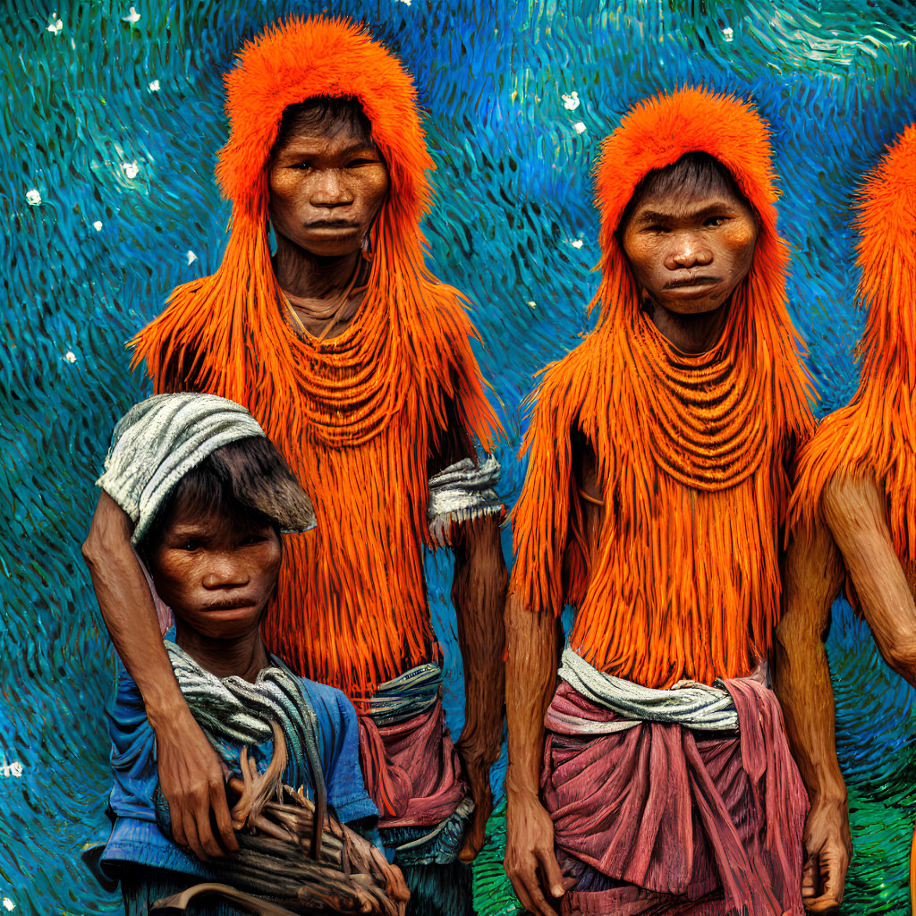 Four individuals in vibrant orange attire against peacock feather backdrop