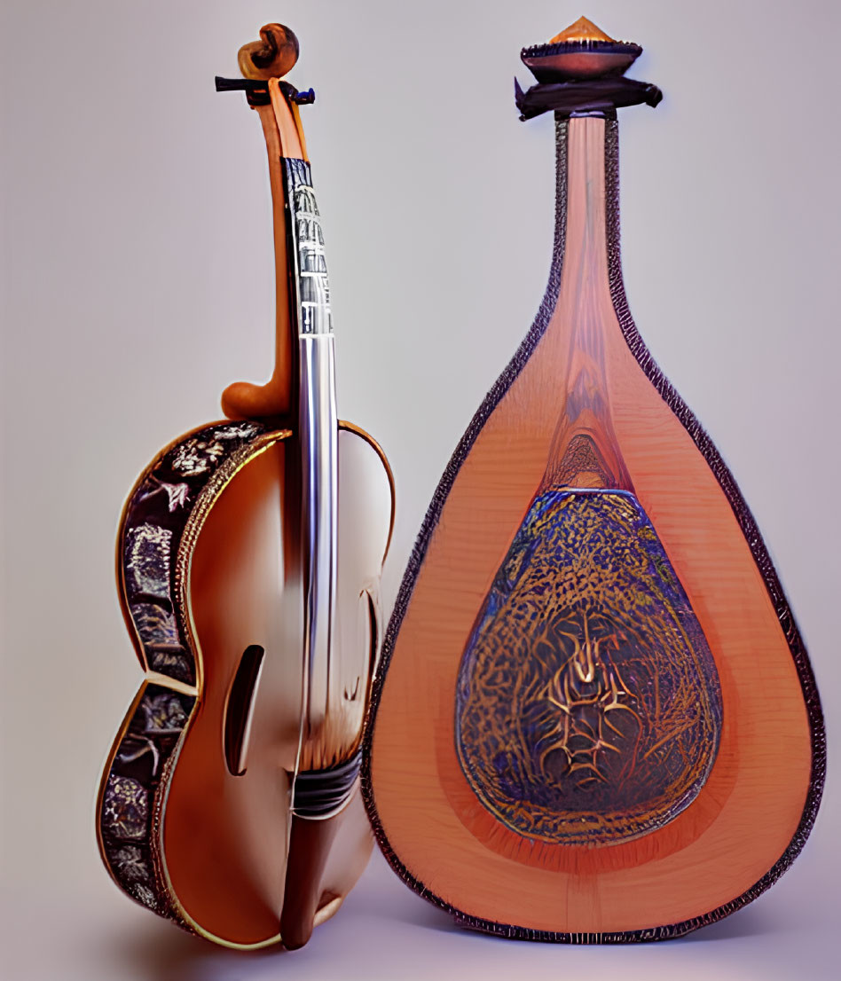 Intricately inlaid violin and ornate oud on neutral background