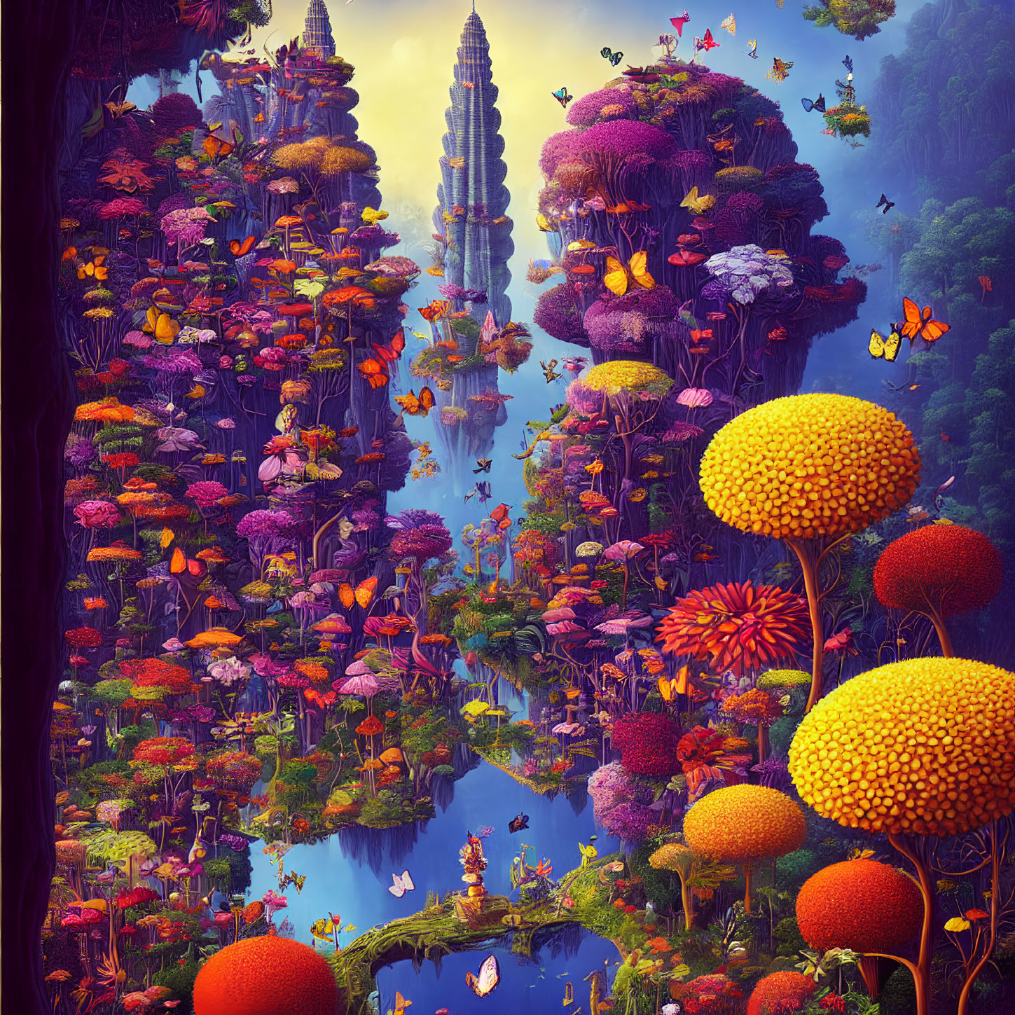 Vibrant oversized flora and butterflies in a fantastical forest