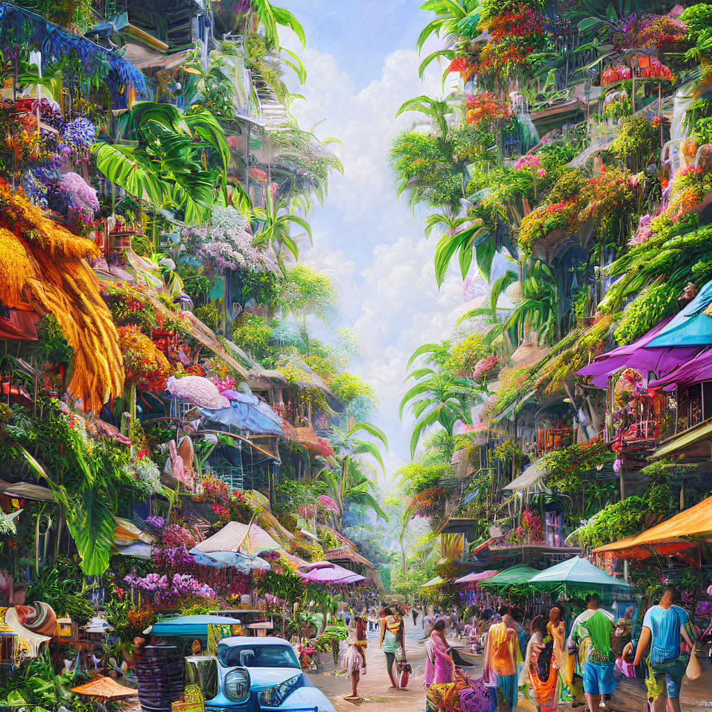 Futuristic market street with vertical gardens and colorful stalls