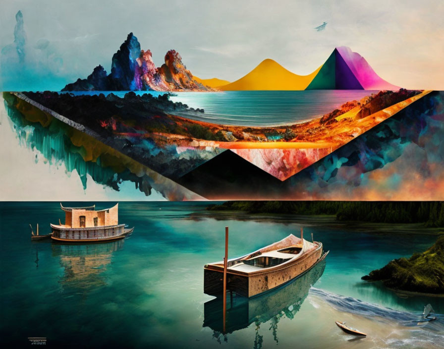 Colorful Mountains Reflecting in Surreal Landscape with Boats on Water