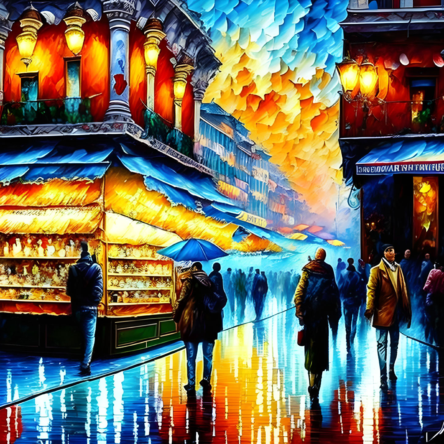 Colorful urban street scene painting with vibrant sky and market stalls