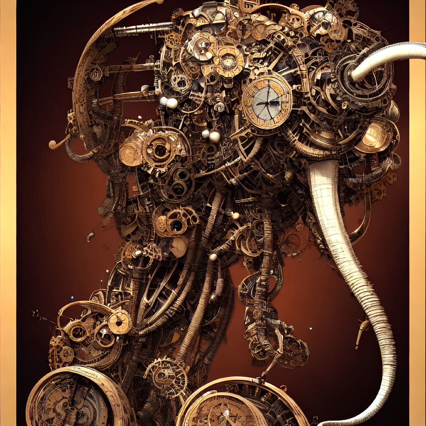 Detailed steampunk-style gear and cog mechanical structure with warm colors