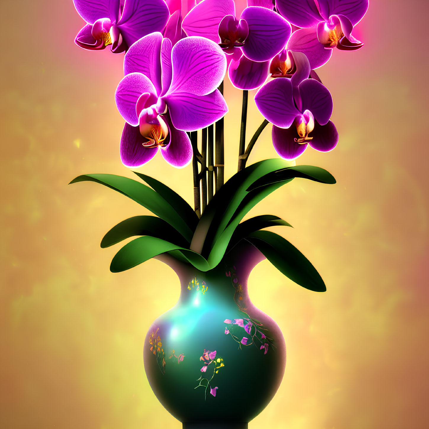 Purple orchids in glossy green vase on warm glowing background