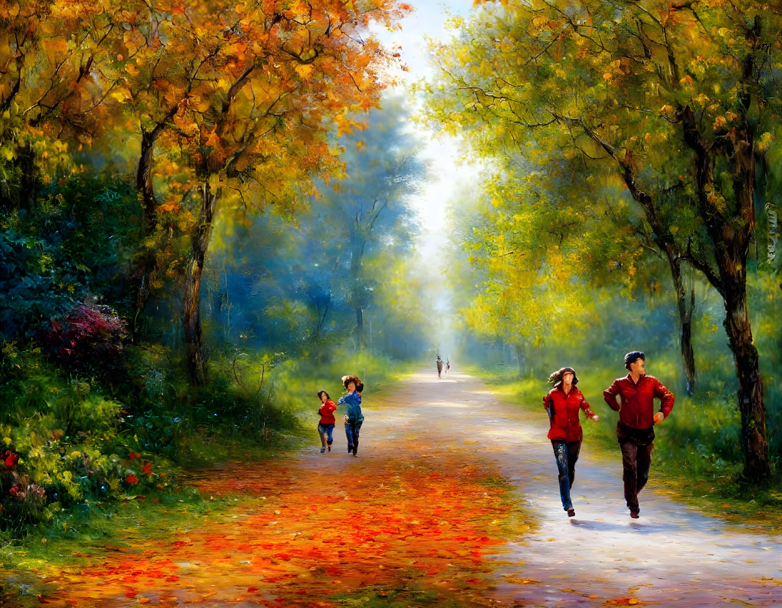 Families walking in vibrant autumn forest