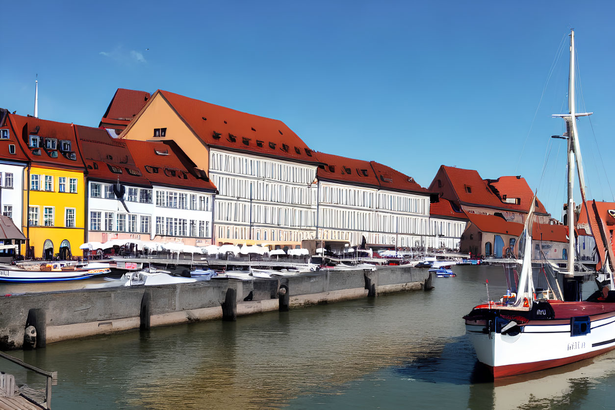 European Marina: Colorful Buildings, Boats, Clear Blue Skies