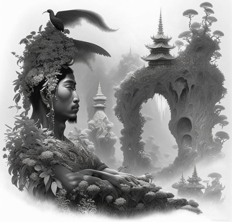 Monochromatic illustration: Serene woman with floral elements and mystical pagodas.