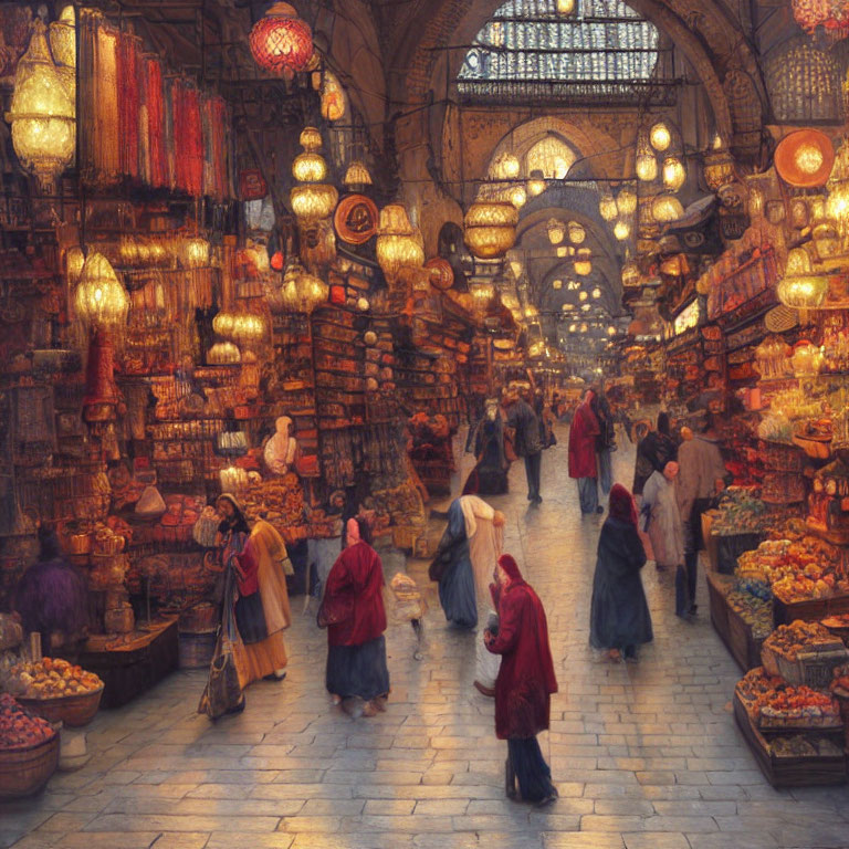 Indoor marketplace with vibrant stalls selling lamps, textiles, and fruits