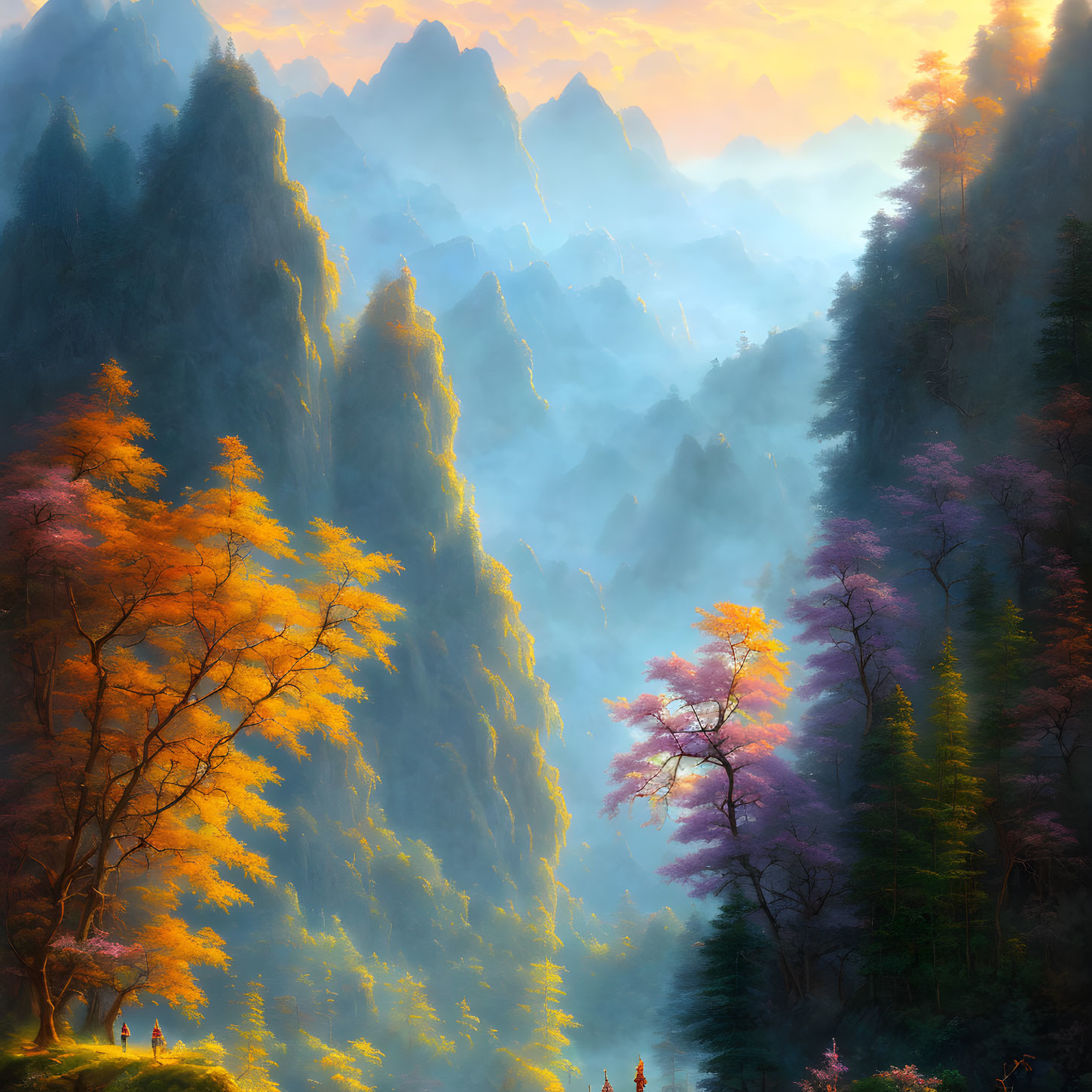 Scenic landscape with towering mountains, misty valley, autumnal trees in warm light