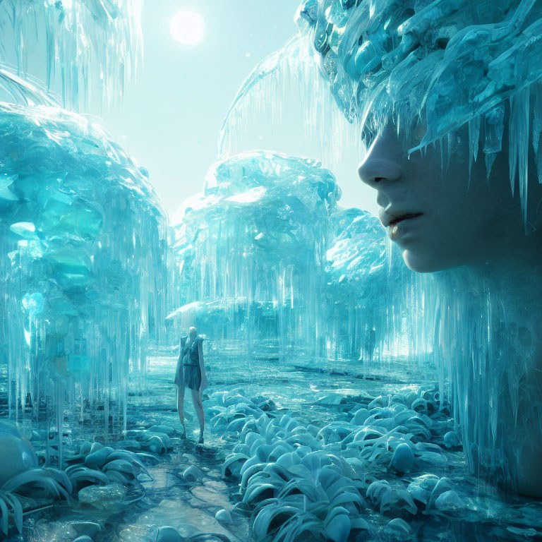 Icy landscape with blue foliage, stalactites, and solitary figure.