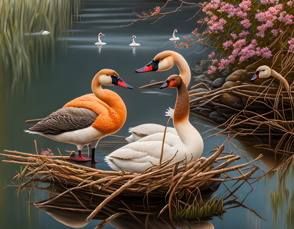 Swans nesting by tranquil lake with birds and pink flowers.