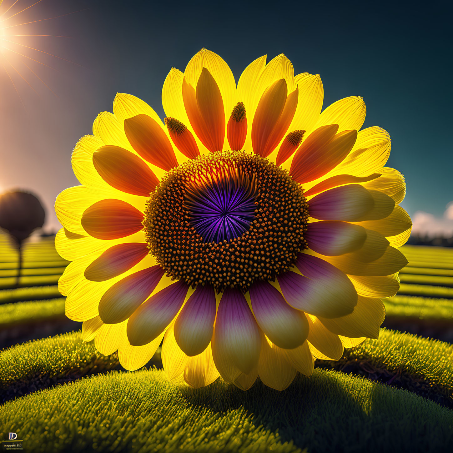 Bright yellow sunflower in agricultural field under clear sky