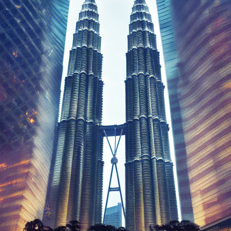 Iconic Petronas Twin Towers at Twilight with Connecting Bridge and Skyscrapers