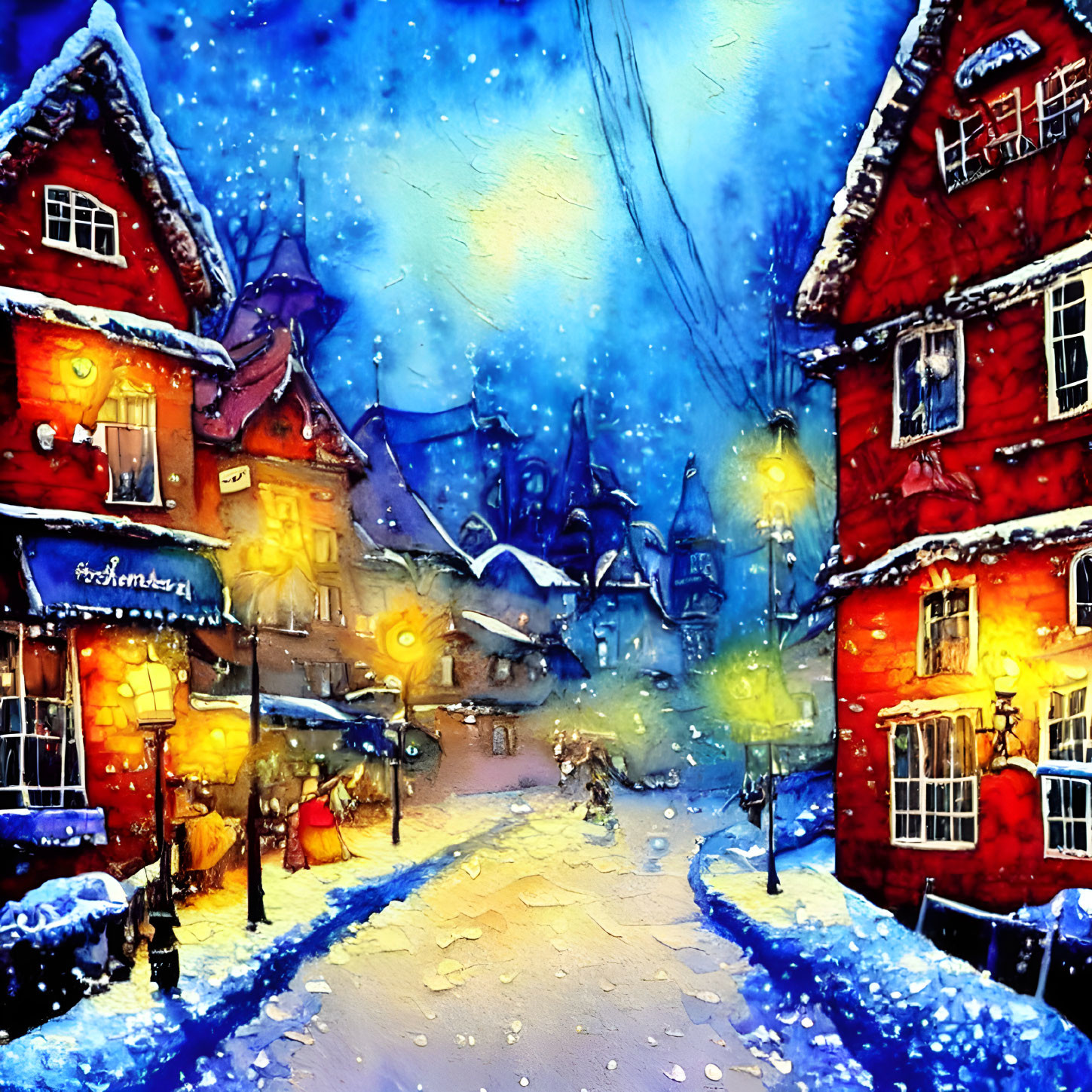 Snow-covered winter village scene with cozy homes and softly falling flakes