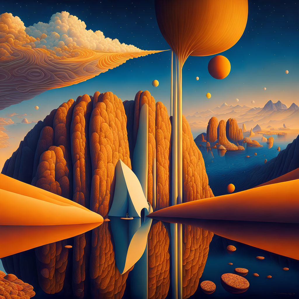 Surreal landscape with sailboat, cliffs, golden waterfall, orange sea, floating spheres, blue