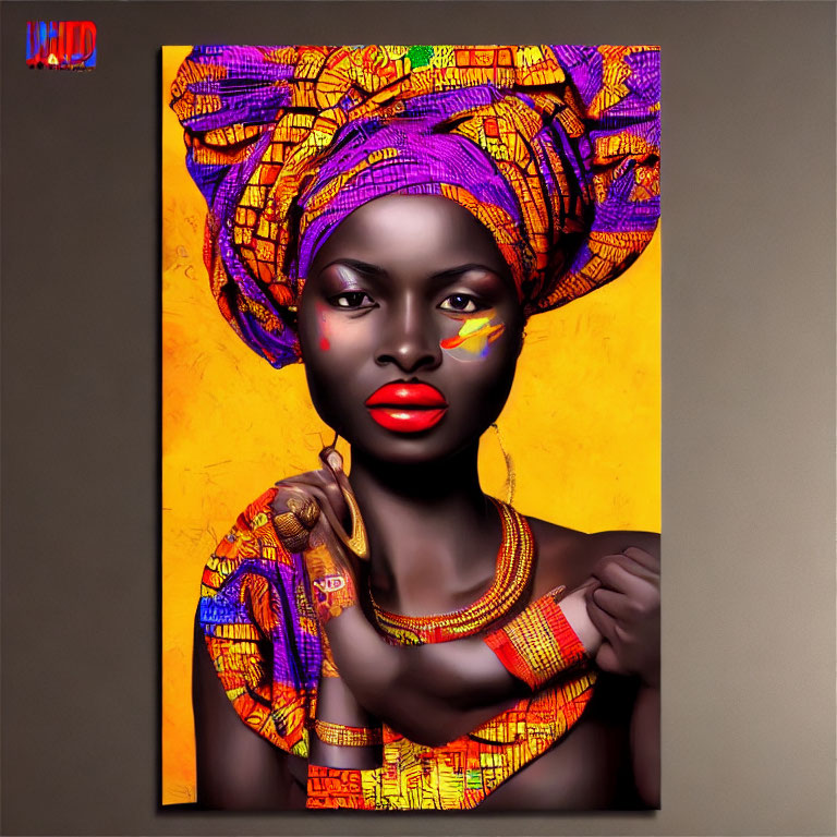 Vibrant portrait of woman in purple and orange headwrap with bold makeup against yellow background