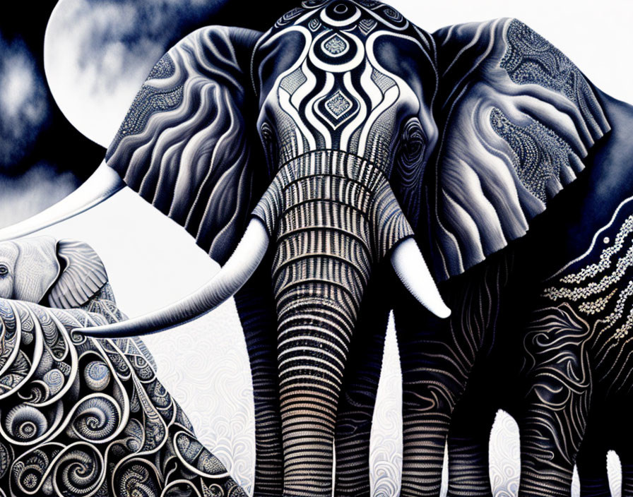 Detailed black and white elephant art against cloudy sky