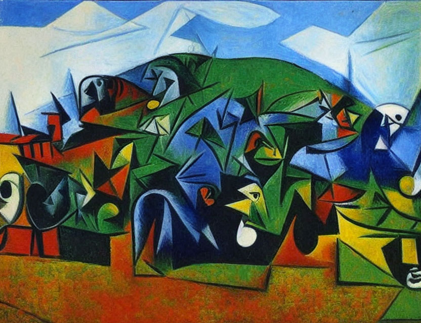 Colorful Abstract Painting with Geometric Shapes and Cubist Influence depicting Chaotic Landscape