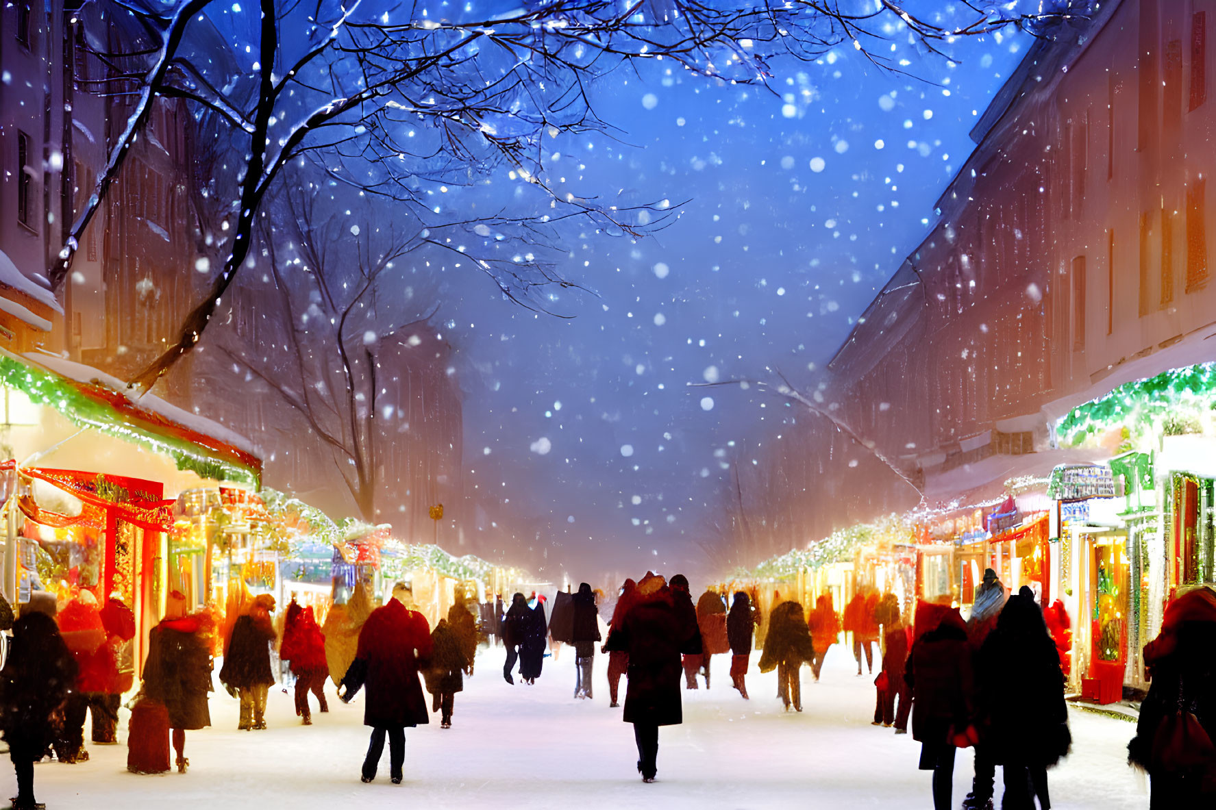 Festive holiday street scene with snowfall and shoppers