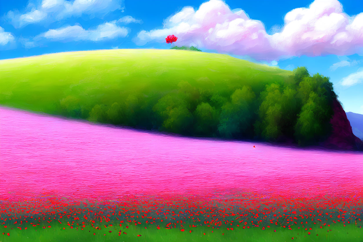 Scenic landscape with green hill, colorful flowers, and blue sky