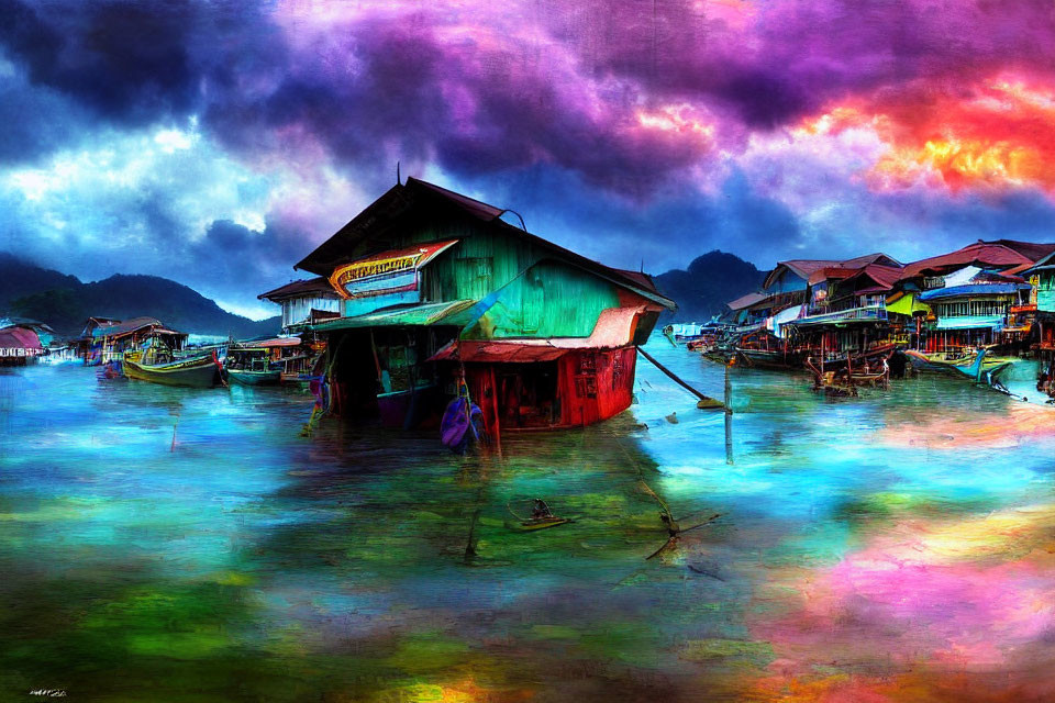 Vibrant stilt houses on water under stormy sky with moored boats