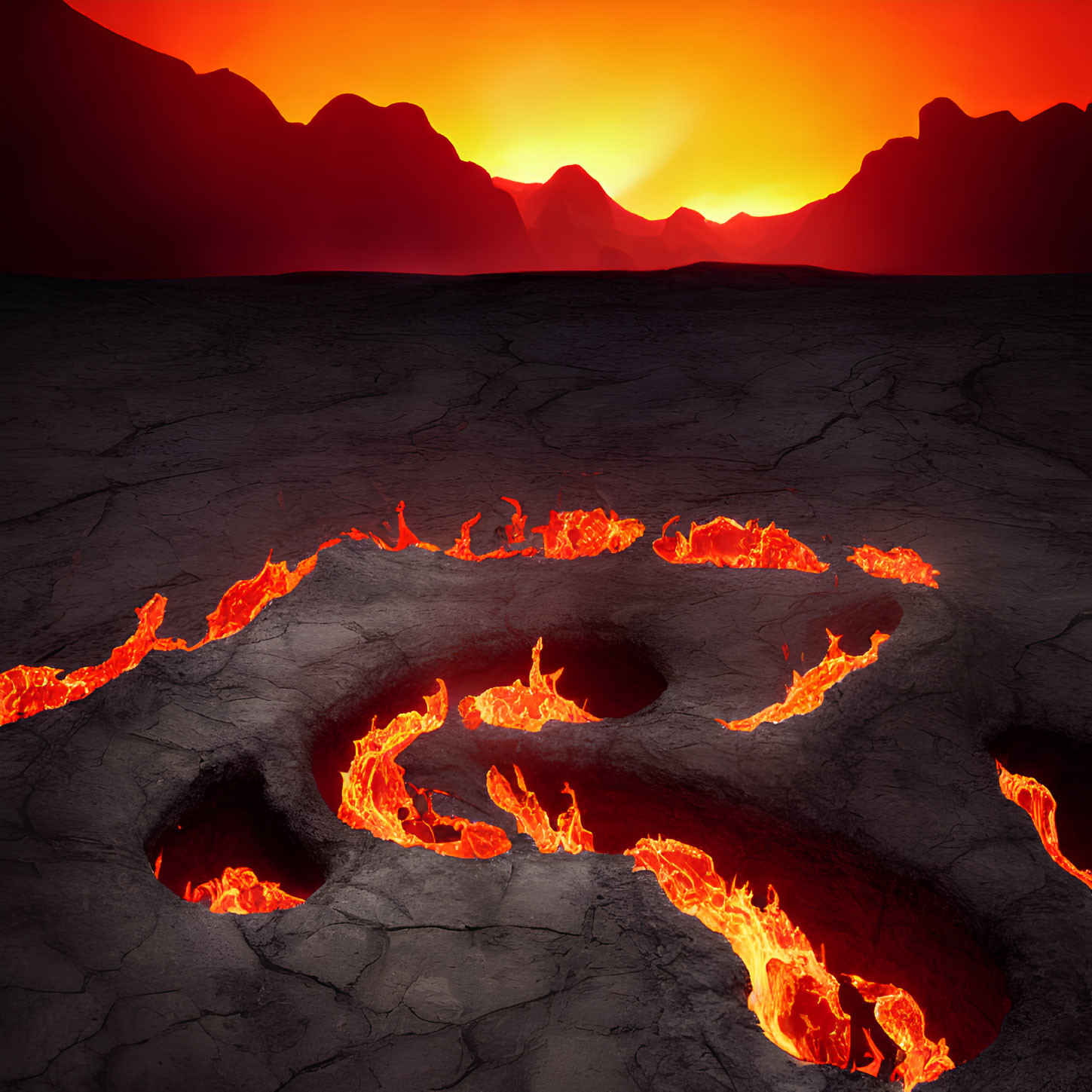 Sunset lava flows through cracks in dark landscape with silhouetted mountains