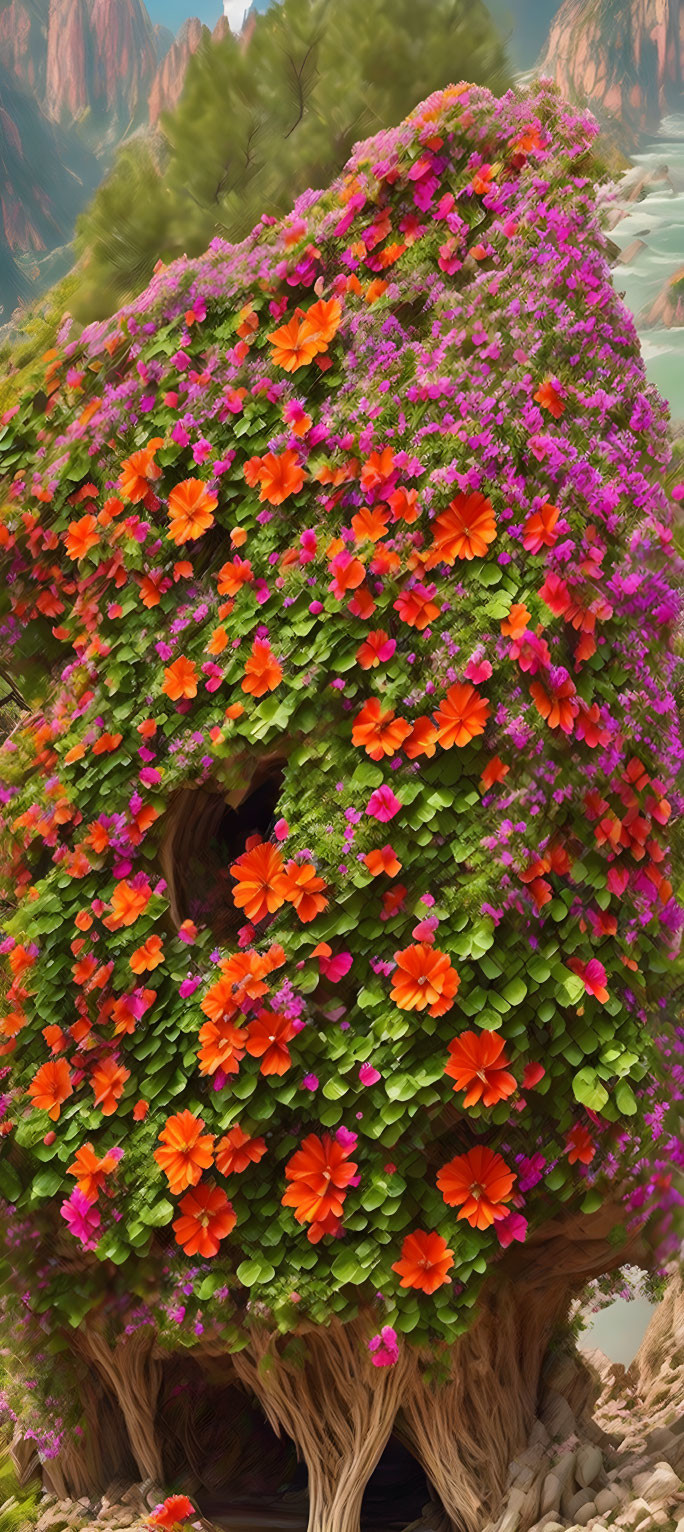 Colorful Flower-Covered Treehouse with Red Rocks & Blue Sky