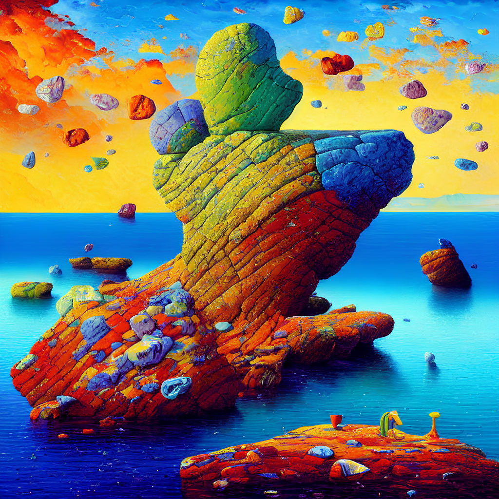 Colorful Floating Rocks and Cactus Stone in Surreal Landscape