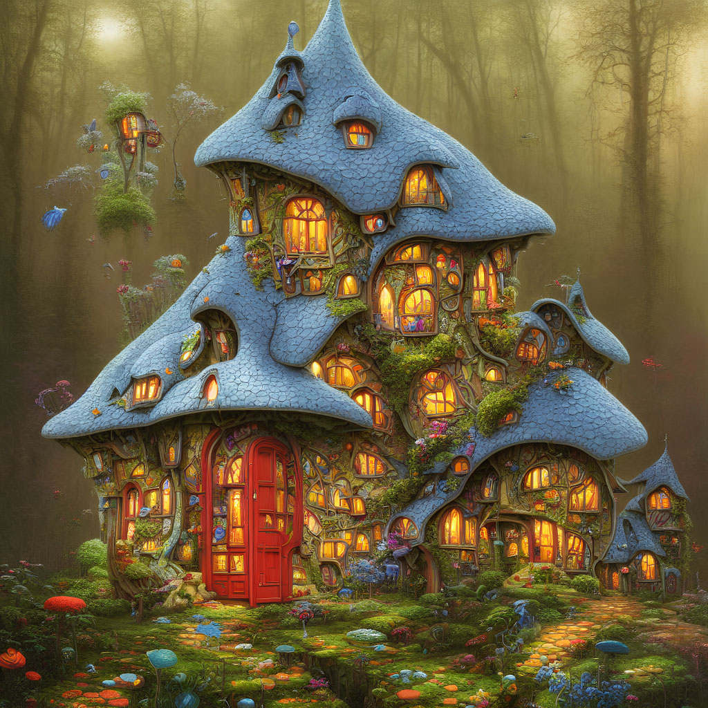 Enchanting fairytale house in misty forest with red door and colorful mushrooms