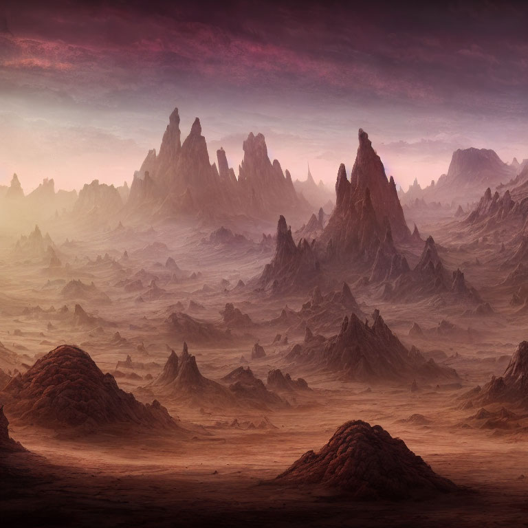 Alien landscape with rocky spires under surreal purple sky