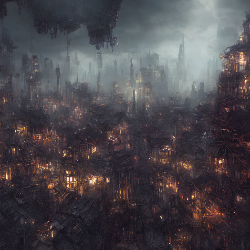 Dystopian cityscape at dusk with dense architecture and misty hovering structures