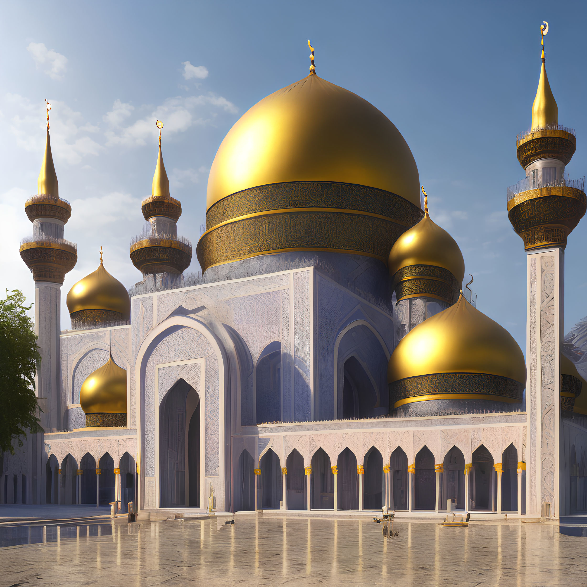 Golden-domed mosque with minarets and arabesque designs under clear blue sky