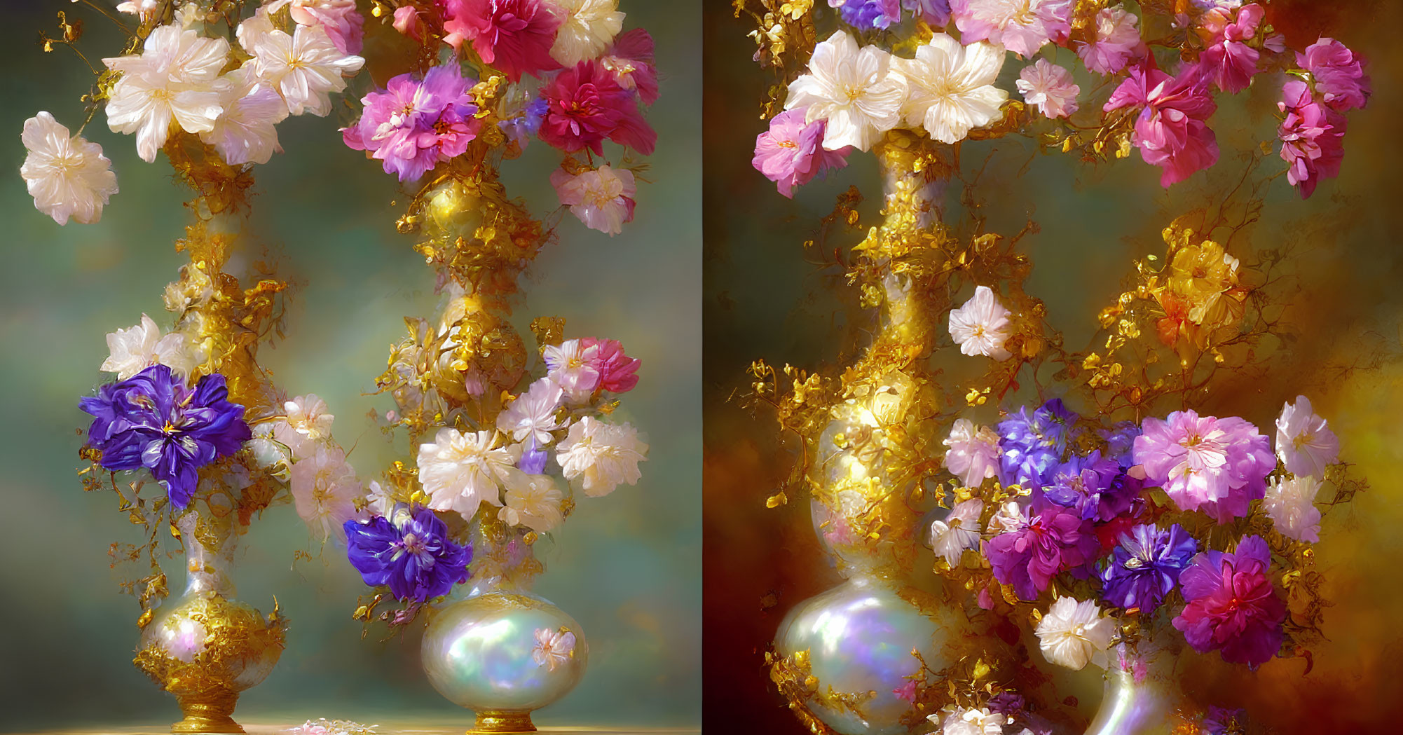 Colorful digital artwork: Golden vases, blooming flowers, warm glow