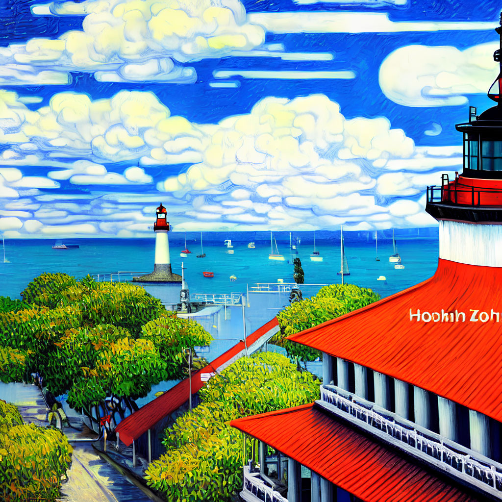 Coastal scene with lighthouse, boats, buildings, and greenery under blue sky