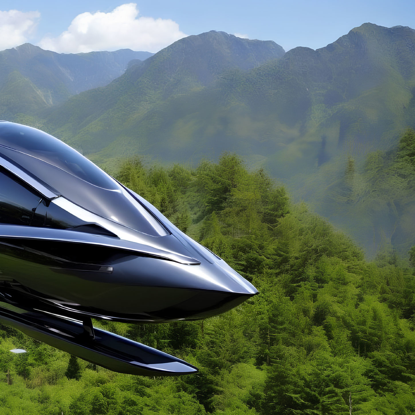 Sleek black aircraft flying over lush green mountains