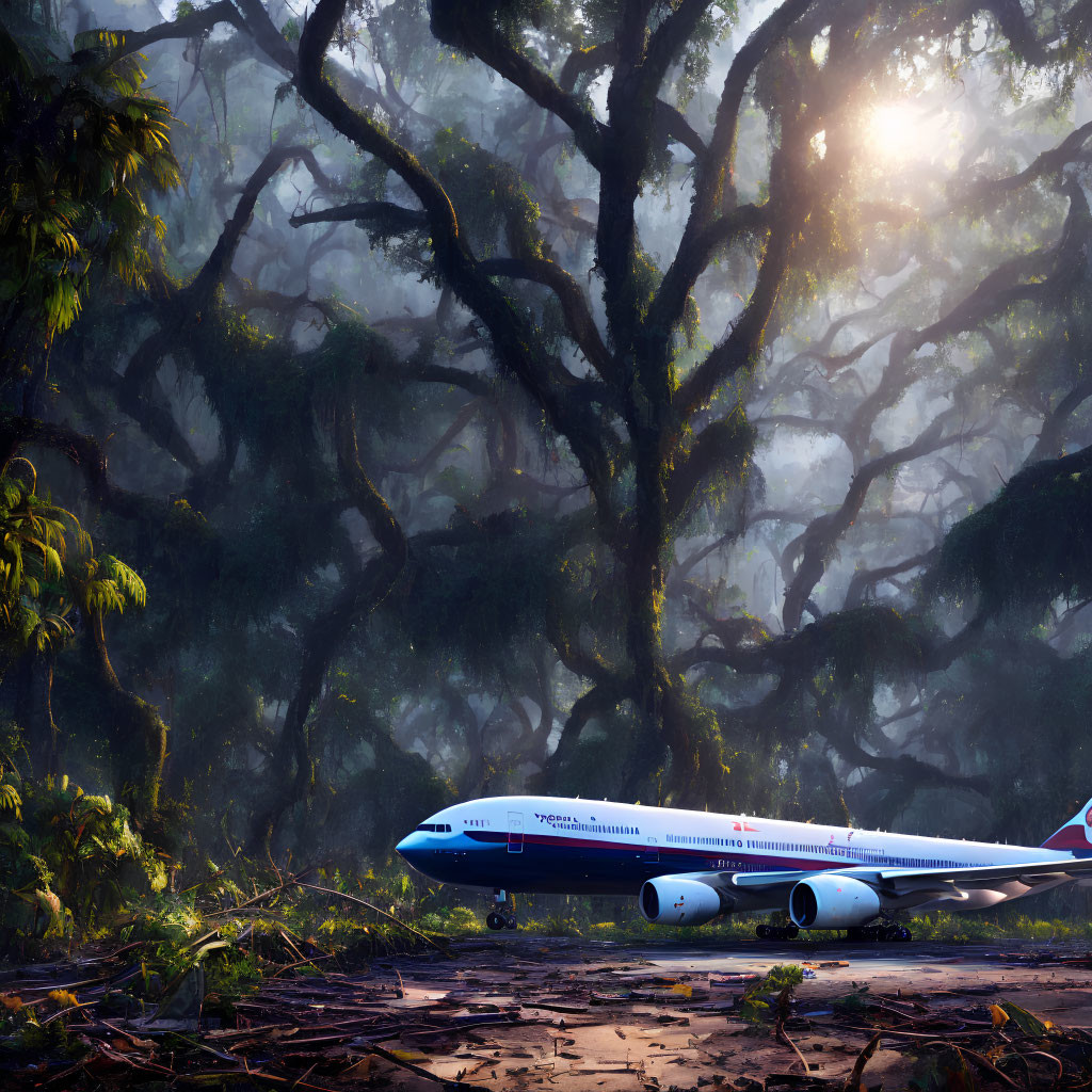 Abandoned commercial airliner in misty forest with sunlight filtering through trees