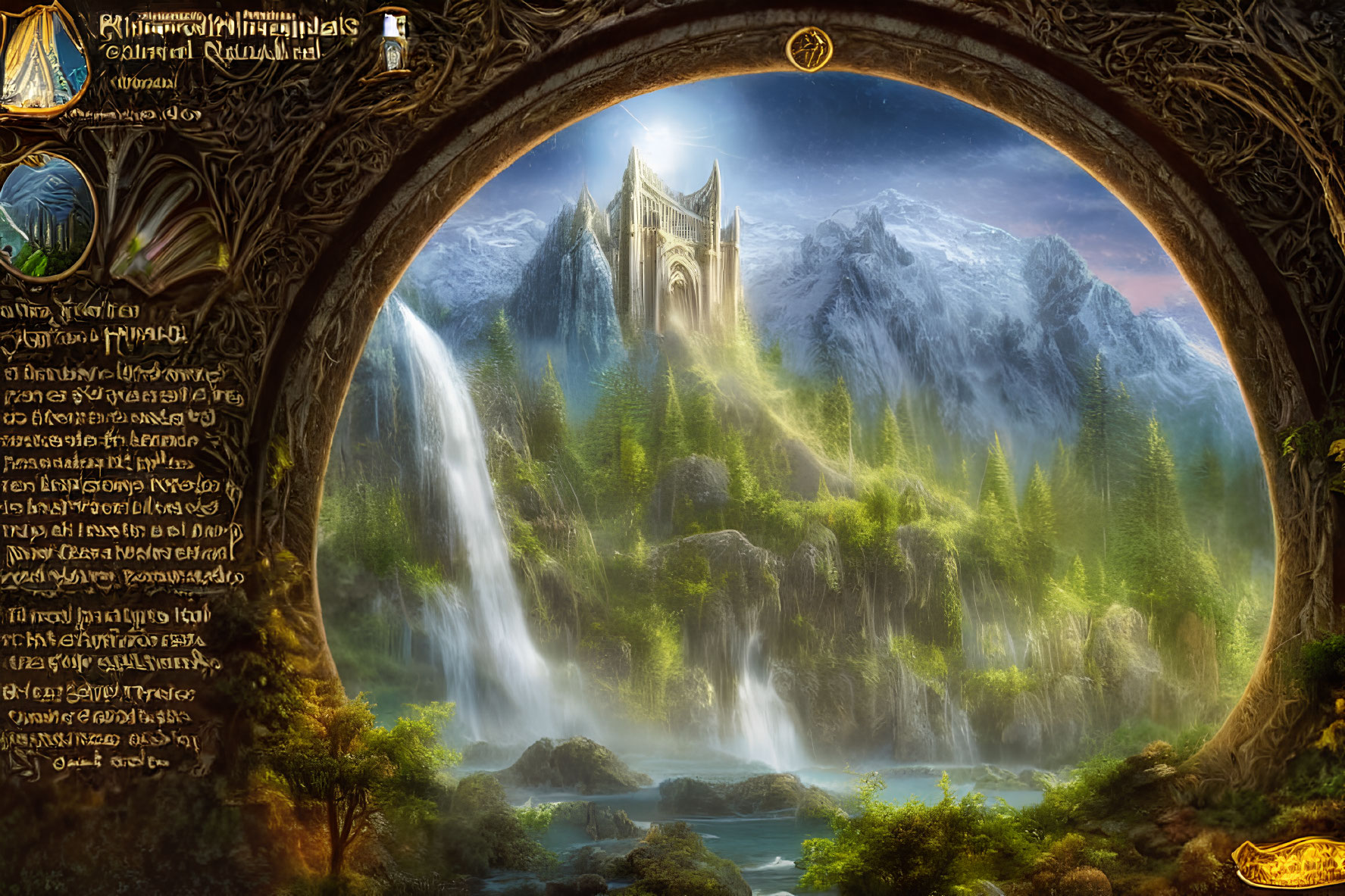 Fantasy landscape with castle, waterfall, and mystical runes in ornate frame