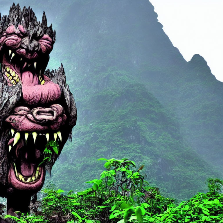 Ferocious dragon sculpture in lush greenery with misty mountain