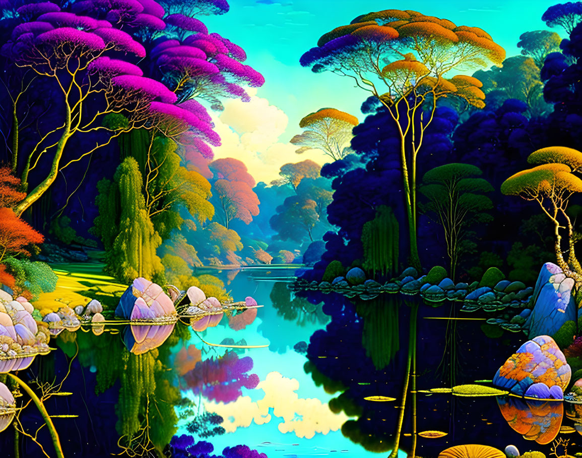 Colorful, oversized trees and fantastical flowers in surreal landscape