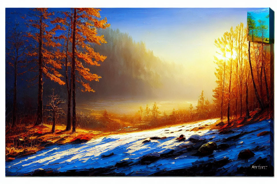 Vibrant forest scene with sun rays on river and autumn trees