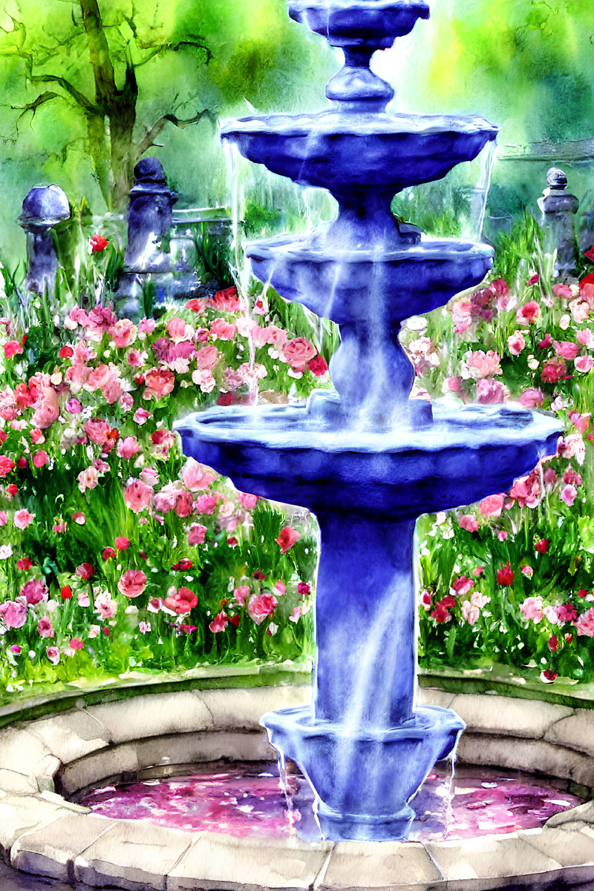 Colorful Watercolor Painting of Blue Fountain and Pink Flowers