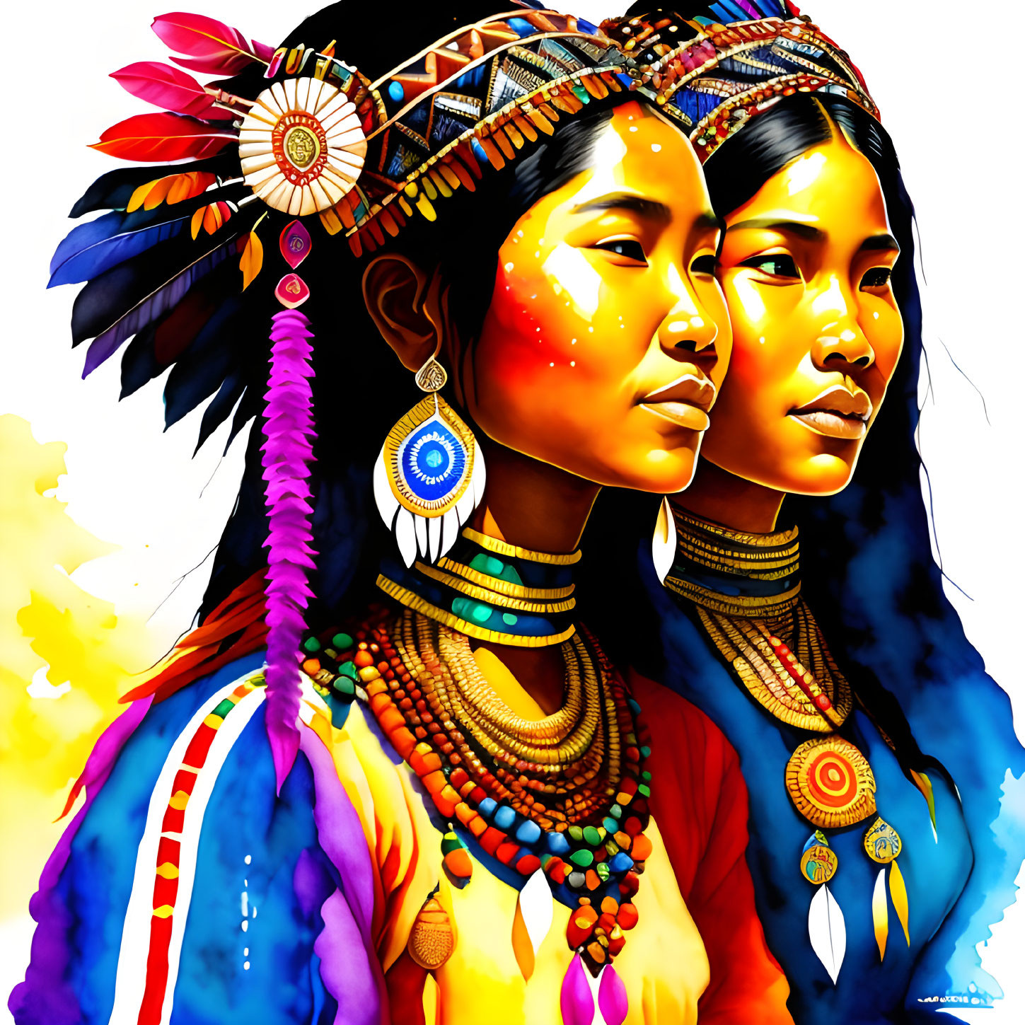 Indigenous Attire and Headdresses Against Abstract Yellow Background