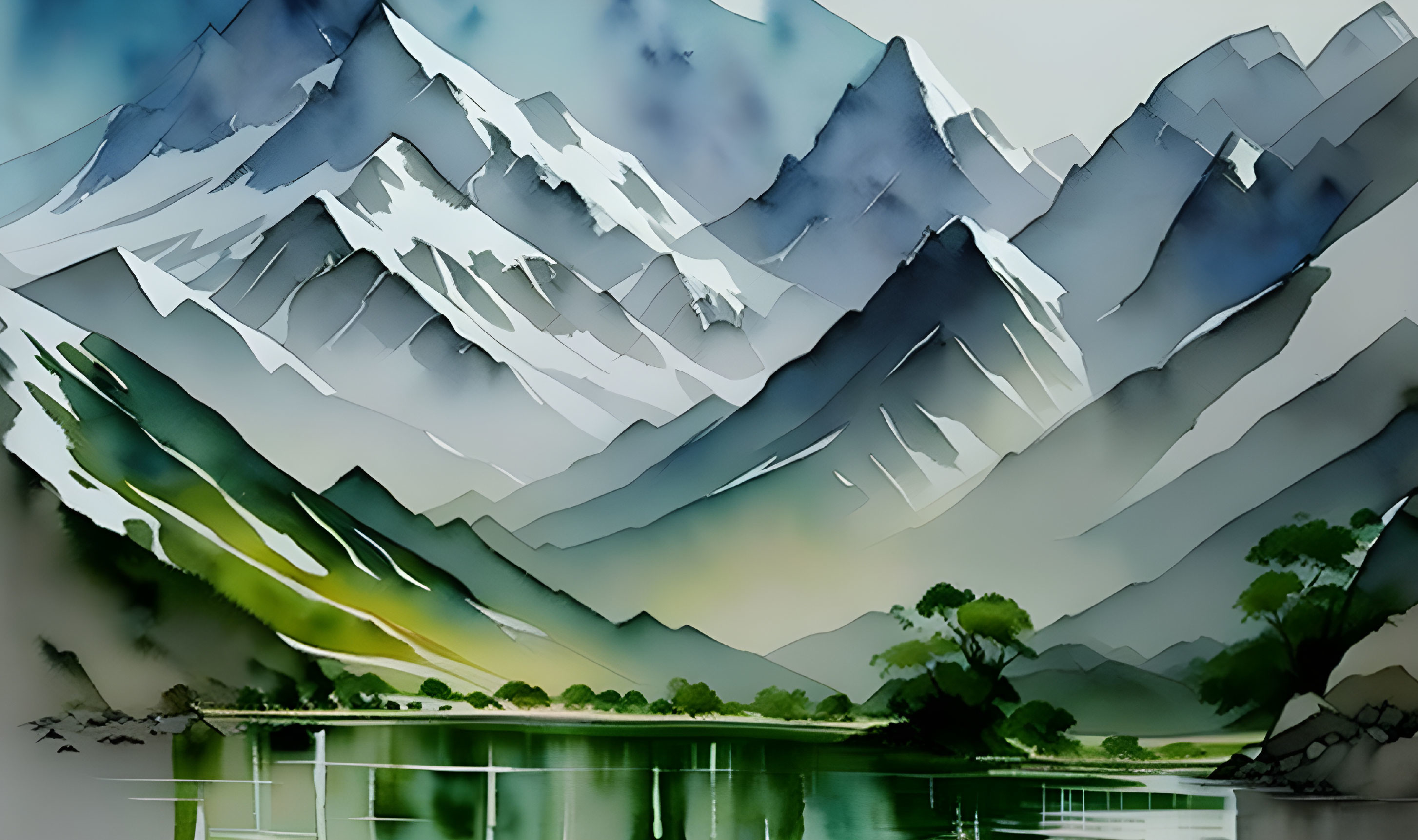 Scenic watercolor painting of snowy mountains and serene lake