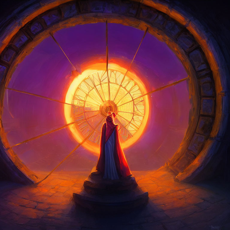 Cloaked figure in circular chamber with glowing wheel.