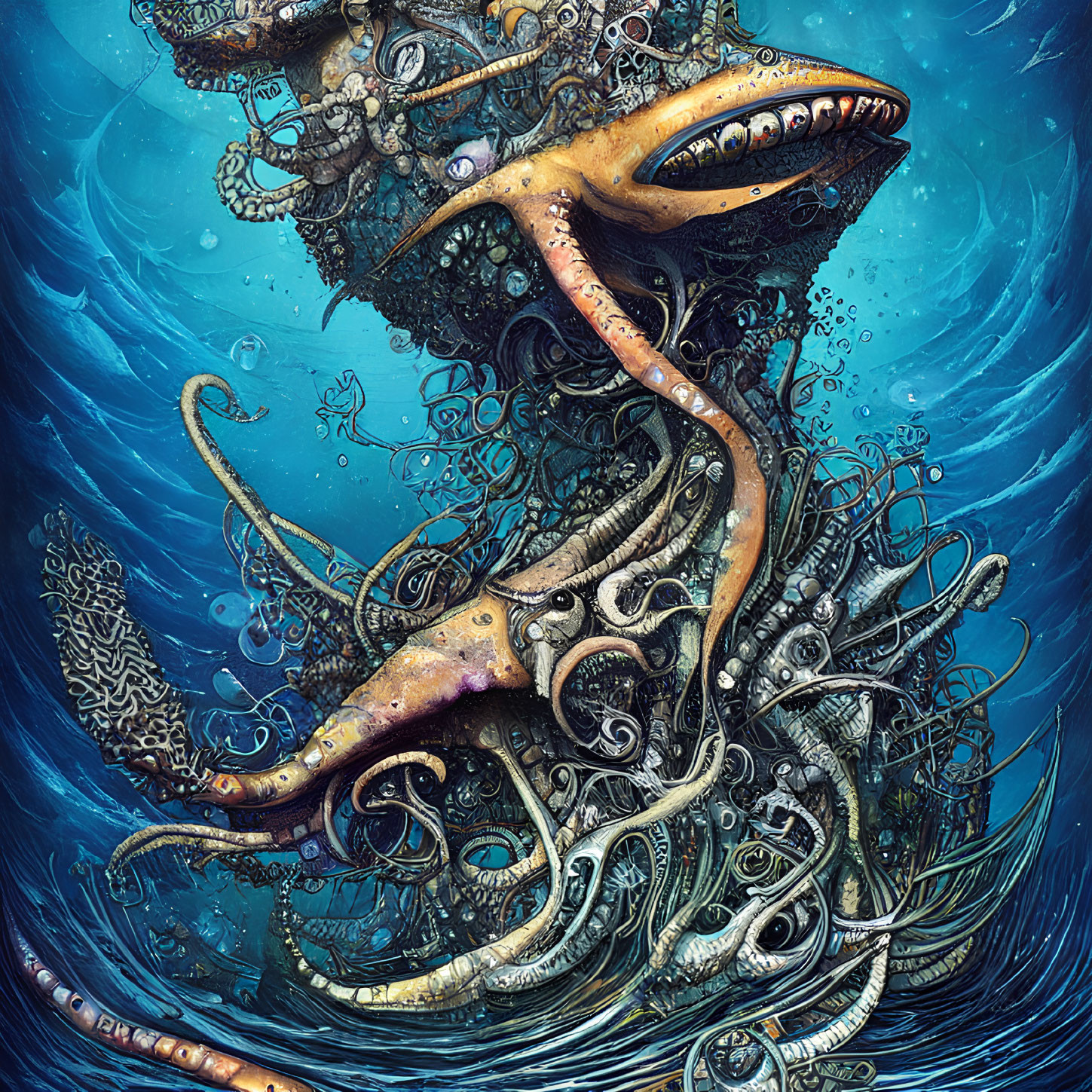 Detailed Octopus Illustration with Swirling Tentacles and Marine Textures in Blue Water