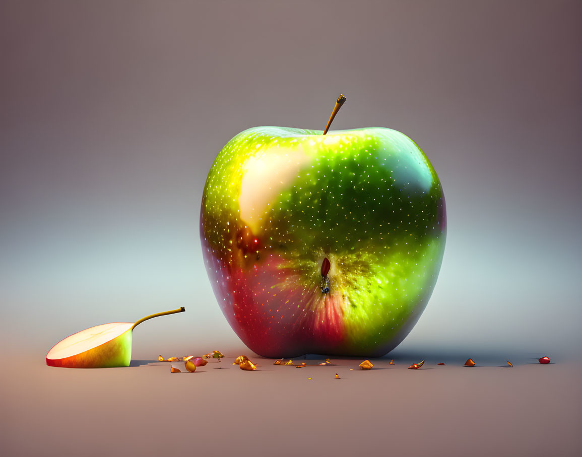 Cosmic pattern apple slice with seeds and droplets on gradient background