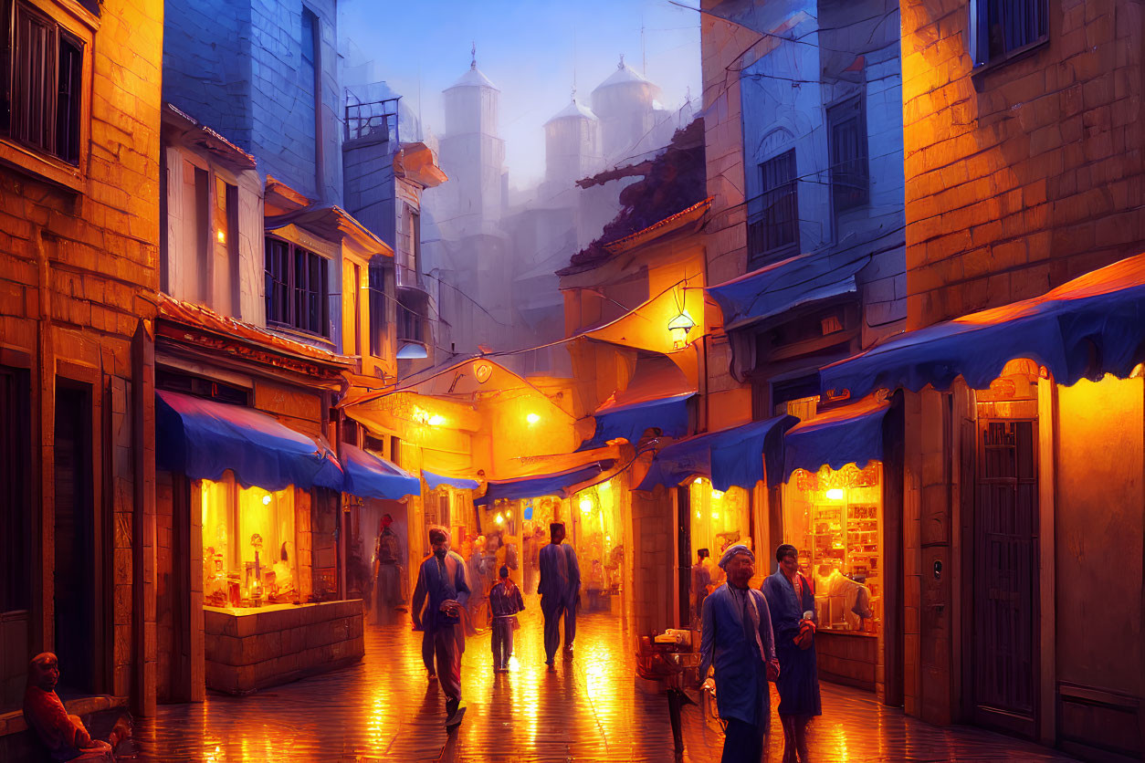 Atmospheric narrow street at evening with warm glowing lights